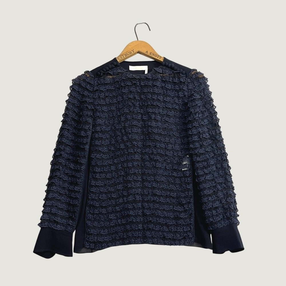 Chloe Iconic Navy Silk Ruffle Lace Blouse Top Size 36 Long Sleeve Sheer